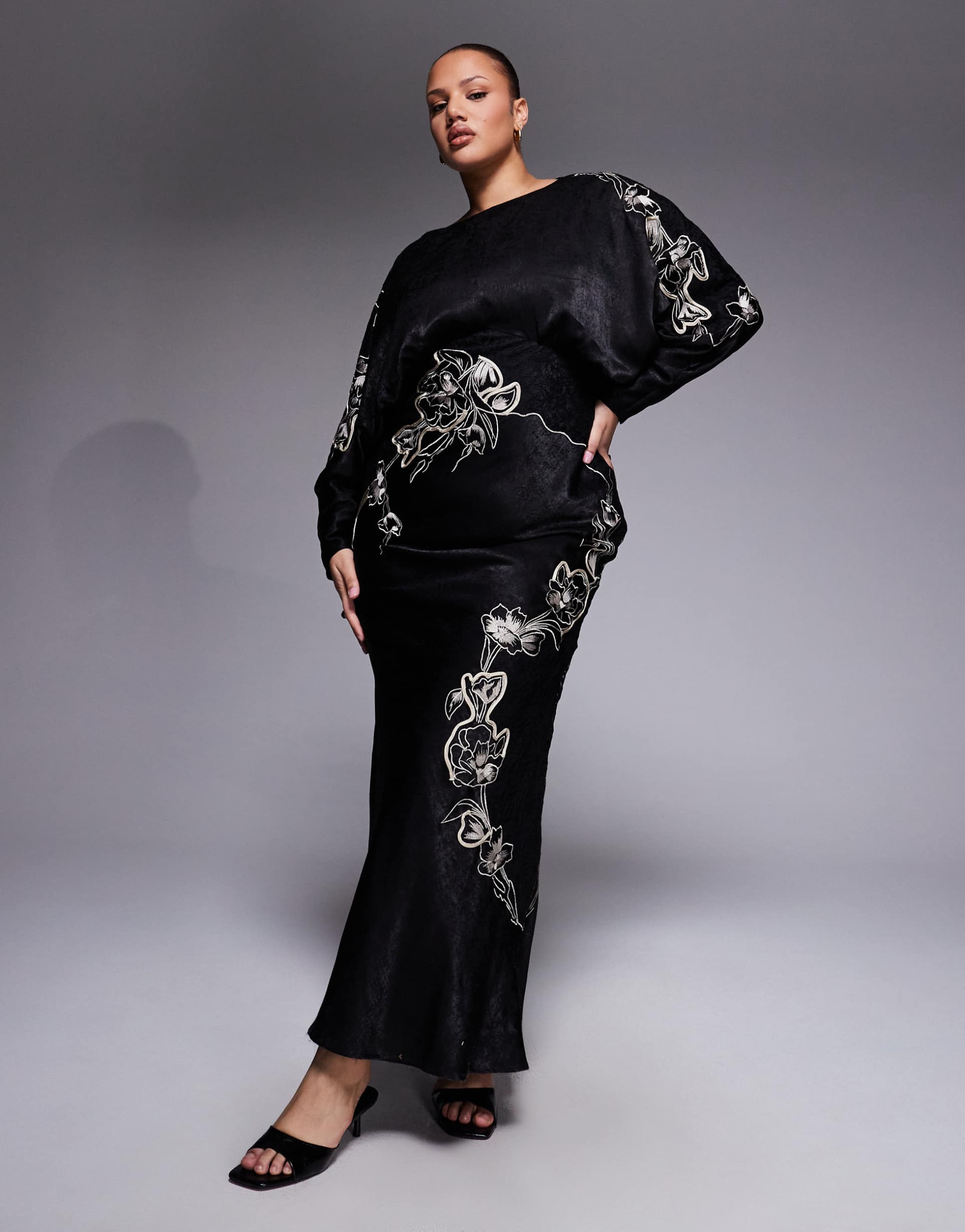 asos design curve satin blouson embroidered batwing sleeves maxi dress in black