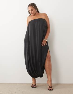 ASOS DESIGN Curve satin bubble bandeau maxi dress in navy blue