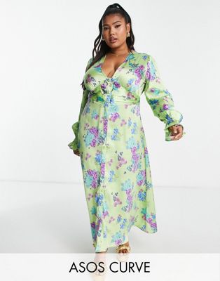 ASOS DESIGN Curve satin button through midi tea dress in green base floral print - ASOS Price Checker