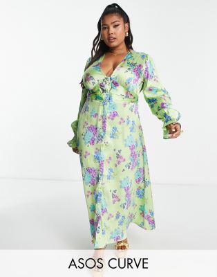 Asos Design Curve Satin Button Through Midi Tea Dress In Green Base Floral Print-Multi