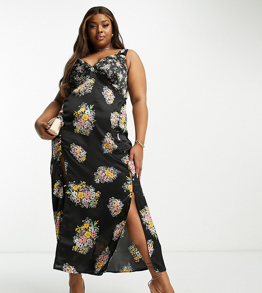 Asos Design Curve Satin Cami Midi Dress With Side Splits And Button Detail In Dark Floral-Multi