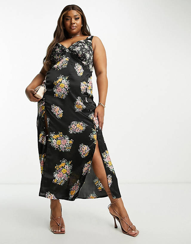 ASOS Curve - ASOS DESIGN Curve satin cami midi dress with side splits and button detail in dark floral