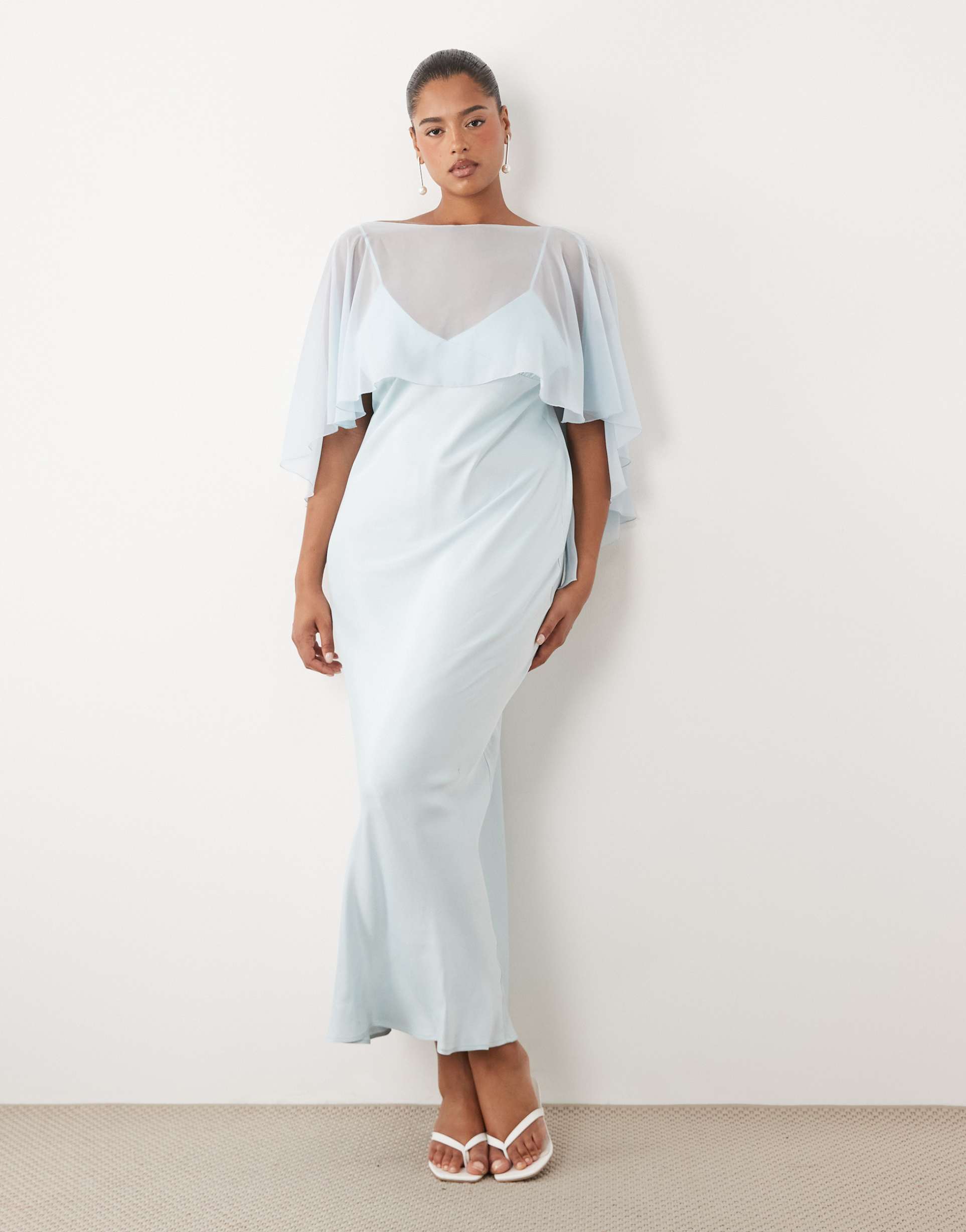 asos design curve satin cape layer maxi dress in blue