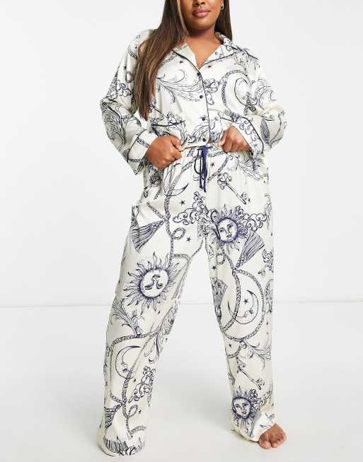 ASOS DESIGN Curve satin celestial baroque shirt & pants pajama set in cream & navy, 2 of 4