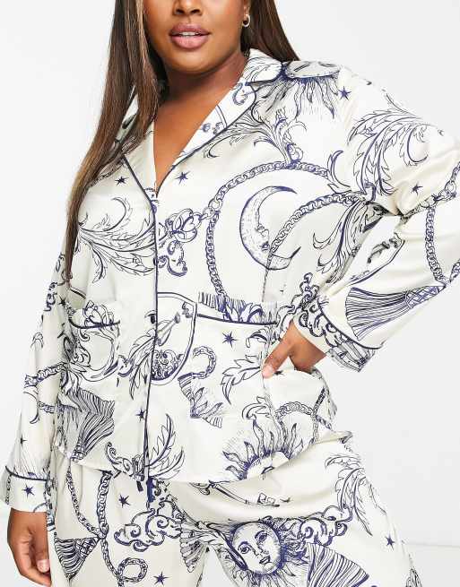 ASOS DESIGN Curve satin celestial baroque shirt & trouser pyjama set in cream & navy, 3 of 4