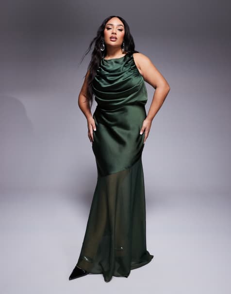 ASOS DESIGN Curve satin chiffon mix draped bodice maxi dress in deep green