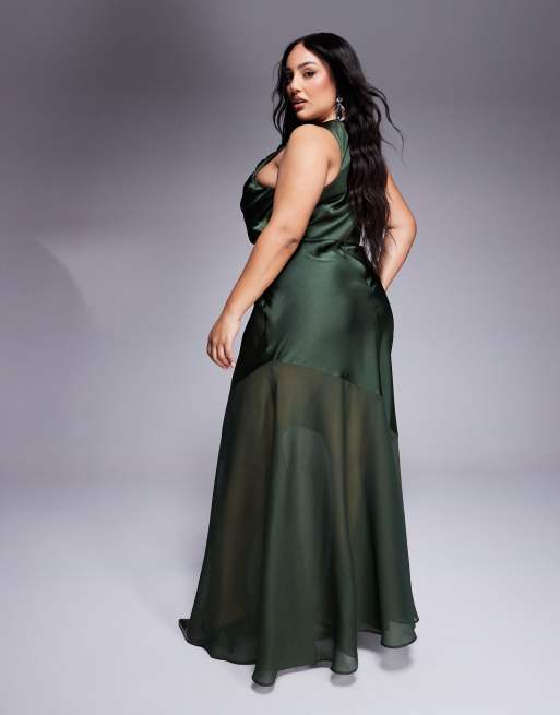 ASOS DESIGN Curve satin chiffon mix draped bodice maxi dress in deep green  | ASOS