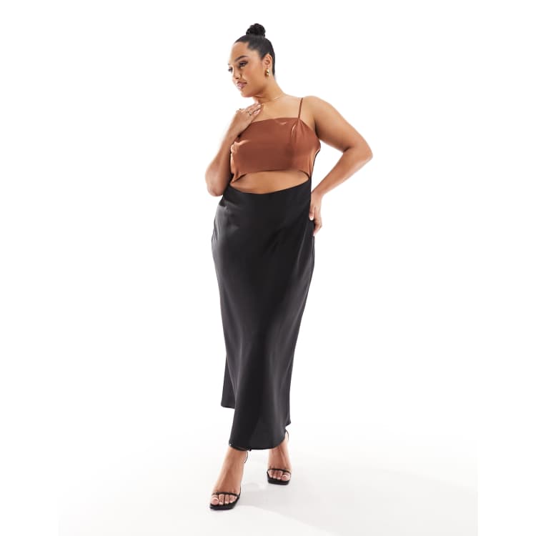 ASOS DESIGN Curve satin colourblock midi dress in black with  
