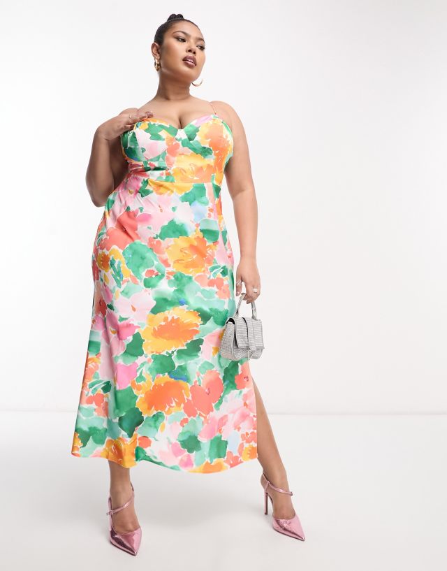 ASOS DESIGN Curve satin corset detail midi dress in orange watercolor floral print
