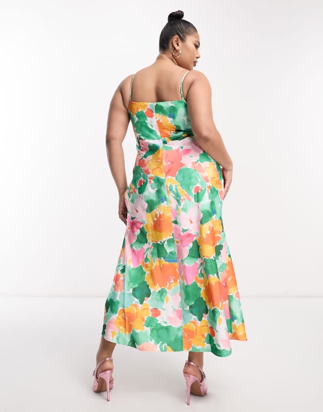 ASOS DESIGN Curve satin corset detail midi dress in orange watercolor floral print 0