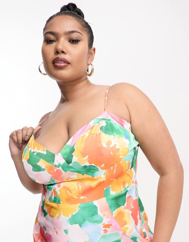 ASOS DESIGN Curve satin corset detail midi dress in orange watercolor floral print 1