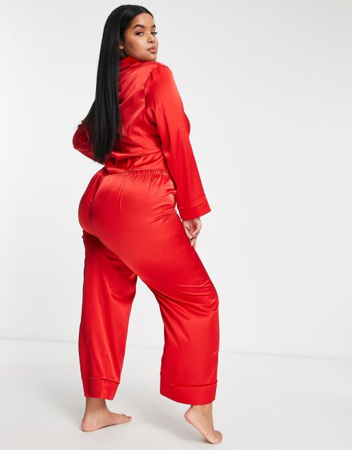 ASOS DESIGN Curve satin double breasted shirt pants pajama set