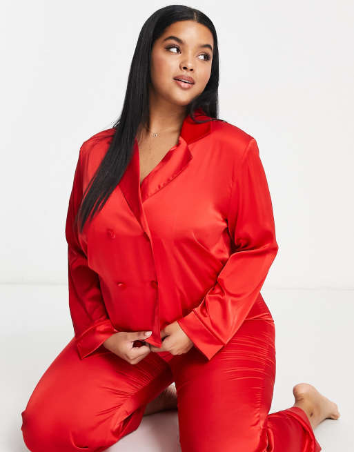 ASOS DESIGN Curve satin double breasted shirt pants pajama set with velvet trim in red