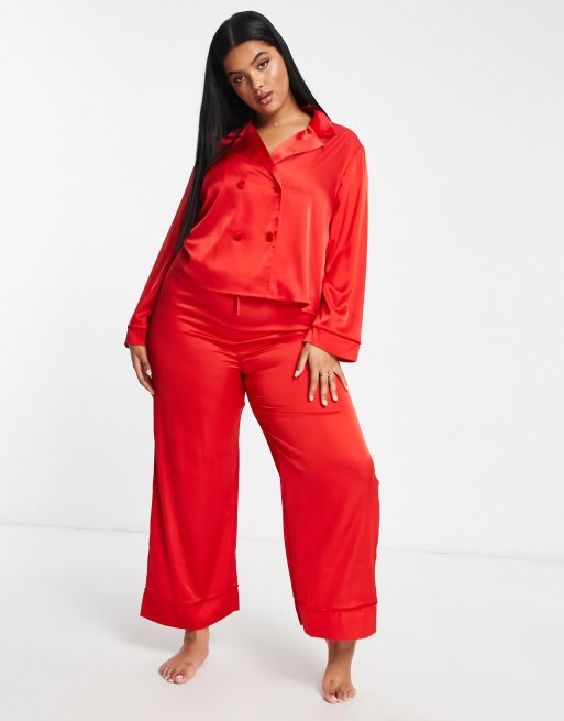 ASOS DESIGN Curve satin double breasted shirt pants pajama set with velvet trim in red