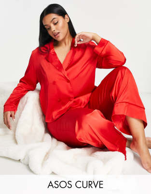 ASOS Curve ASOS DESIGN Curve satin double breasted shirt & trouser pyjama set with velvet trim in red