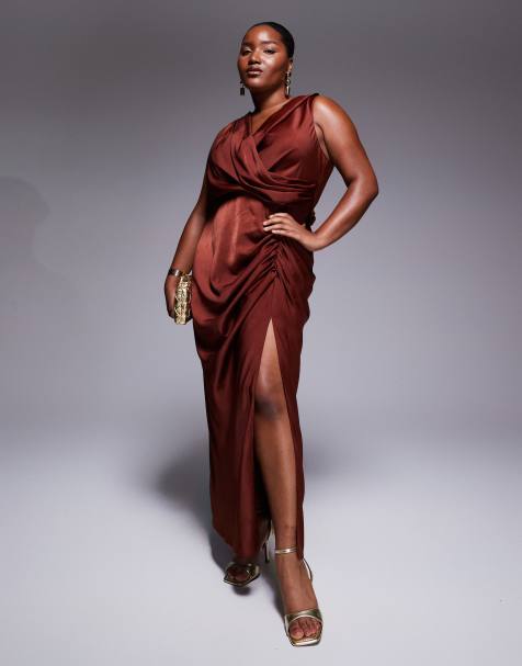 ASOS DESIGN Curve satin drape front split detail maxi dress in chestnut brown - view 1