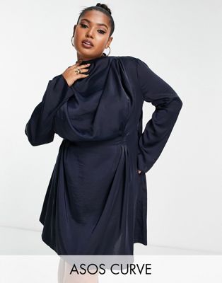 Asos Curve Asos Design Curve Satin Drape Neck Mini Dress With Pleat Detail And Open Back In Navy