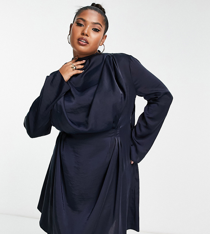 ASOS DESIGN Curve satin drape neck mini dress with pleat detail and open back in navy
