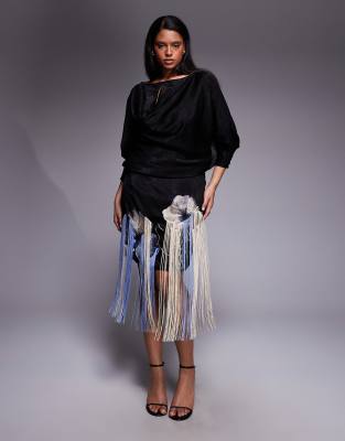 ASOS DESIGN Curve satin embroidered mini dress with fringing in black