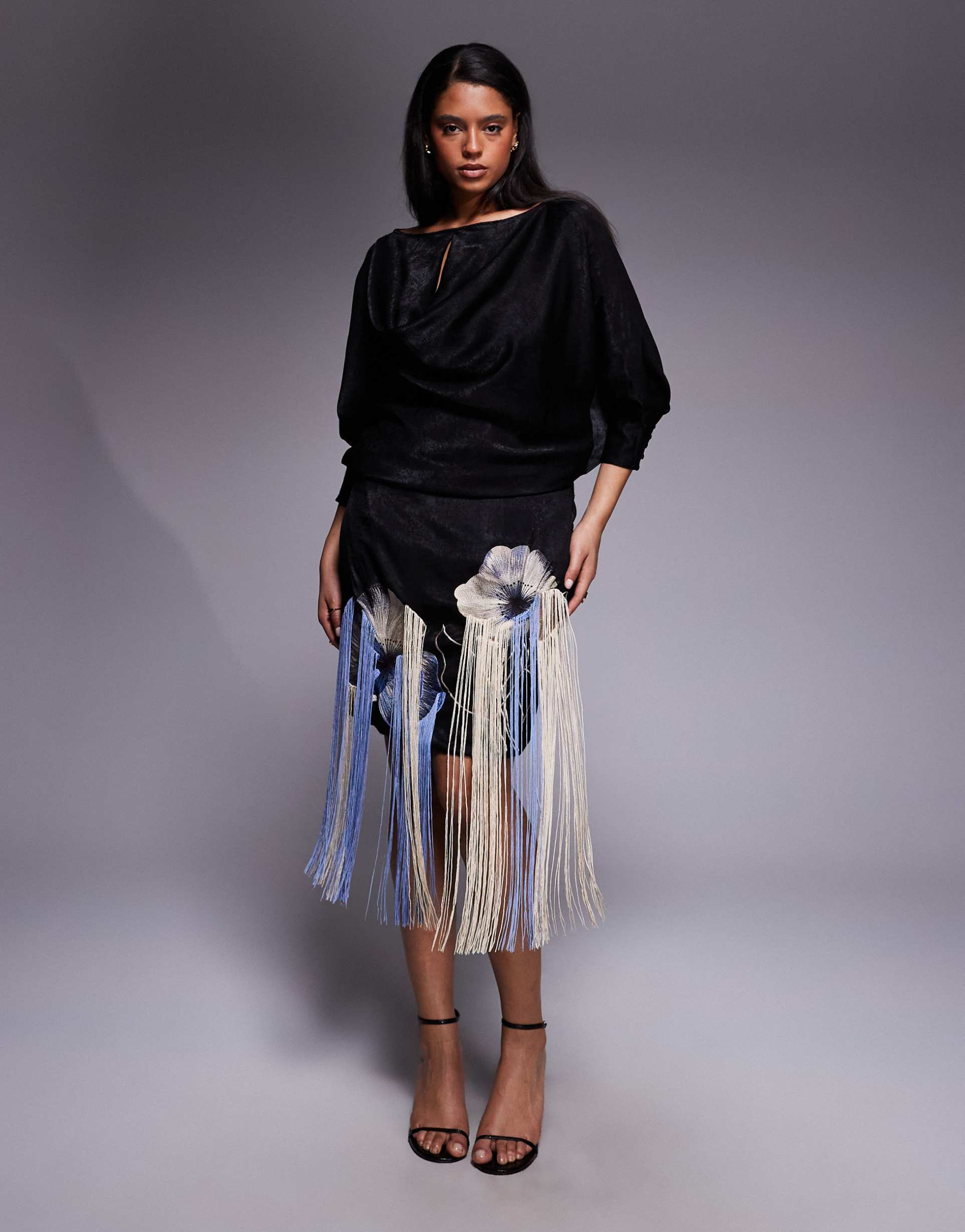 asos design curve satin embroidered mini dress with fringing in black