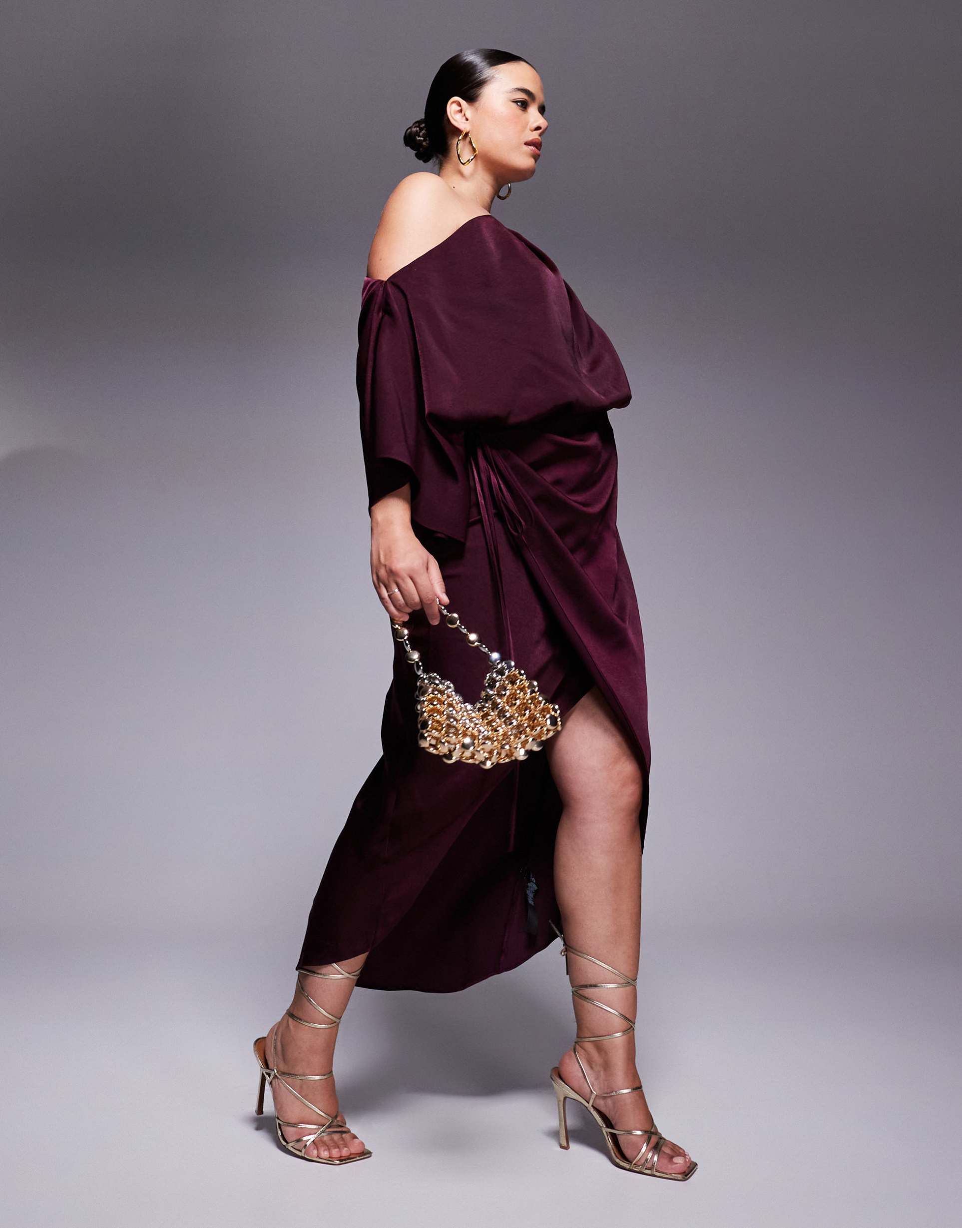 asos design curve satin fallen shoulder midi dress with wrap skirt in burgundy