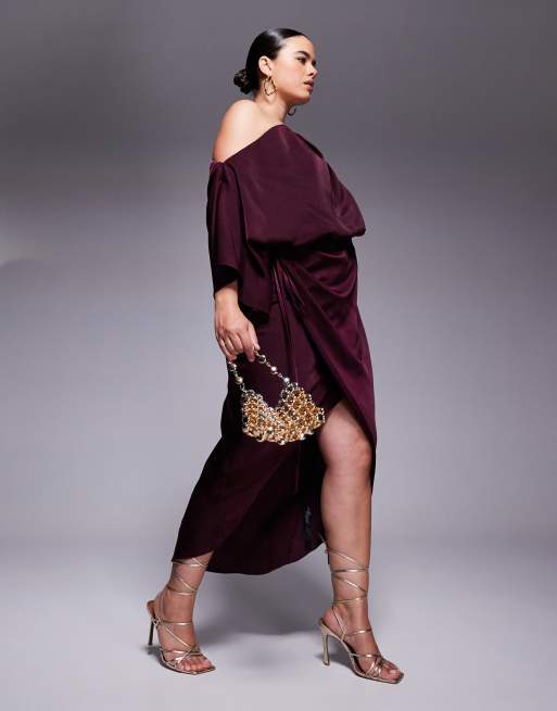 ASOS DESIGN Curve satin fallen shoulder midi dress with wrap skirt in burgundy