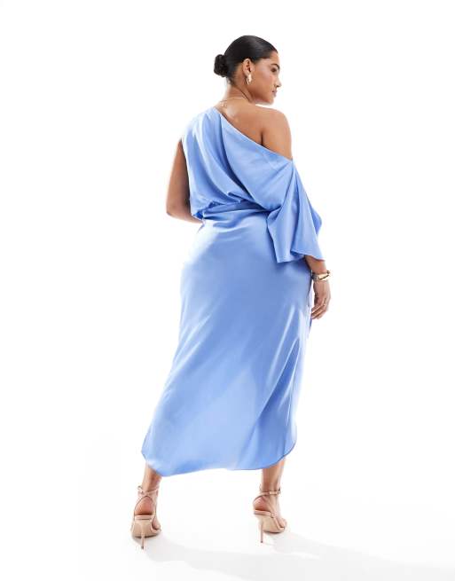 ASOS DESIGN Curve satin fallen shoulder midi dress with wrap skirt in cornflower blue ASOS