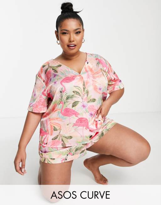 ASOS DESIGN Curve satin flamingo collarless shirt & short pyjama set in pink