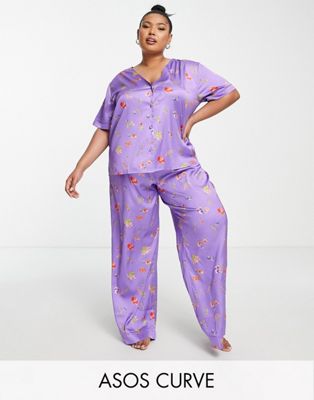 ASOS DESIGN Curve satin floral collarless shirt & trouser pyjama set in purple
