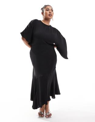 Asos Curve Asos Design Curve Satin Flutter Sleeve Asymmetric Hem Midi Dress In Black