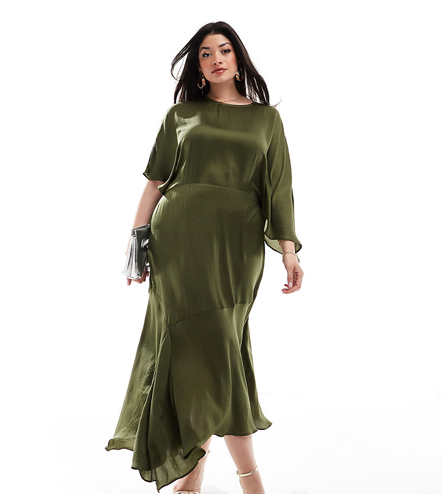 Asos Curve Asos Design Curve Satin Flutter Sleeve Asymmetric Hem Midi Dress In Olive Green