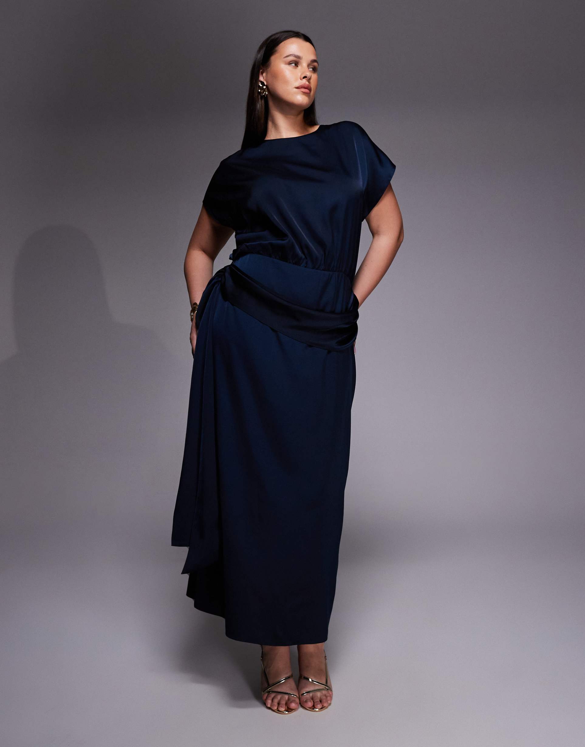 asos design curve satin flutter sleeve draped waist maxi dress in navy