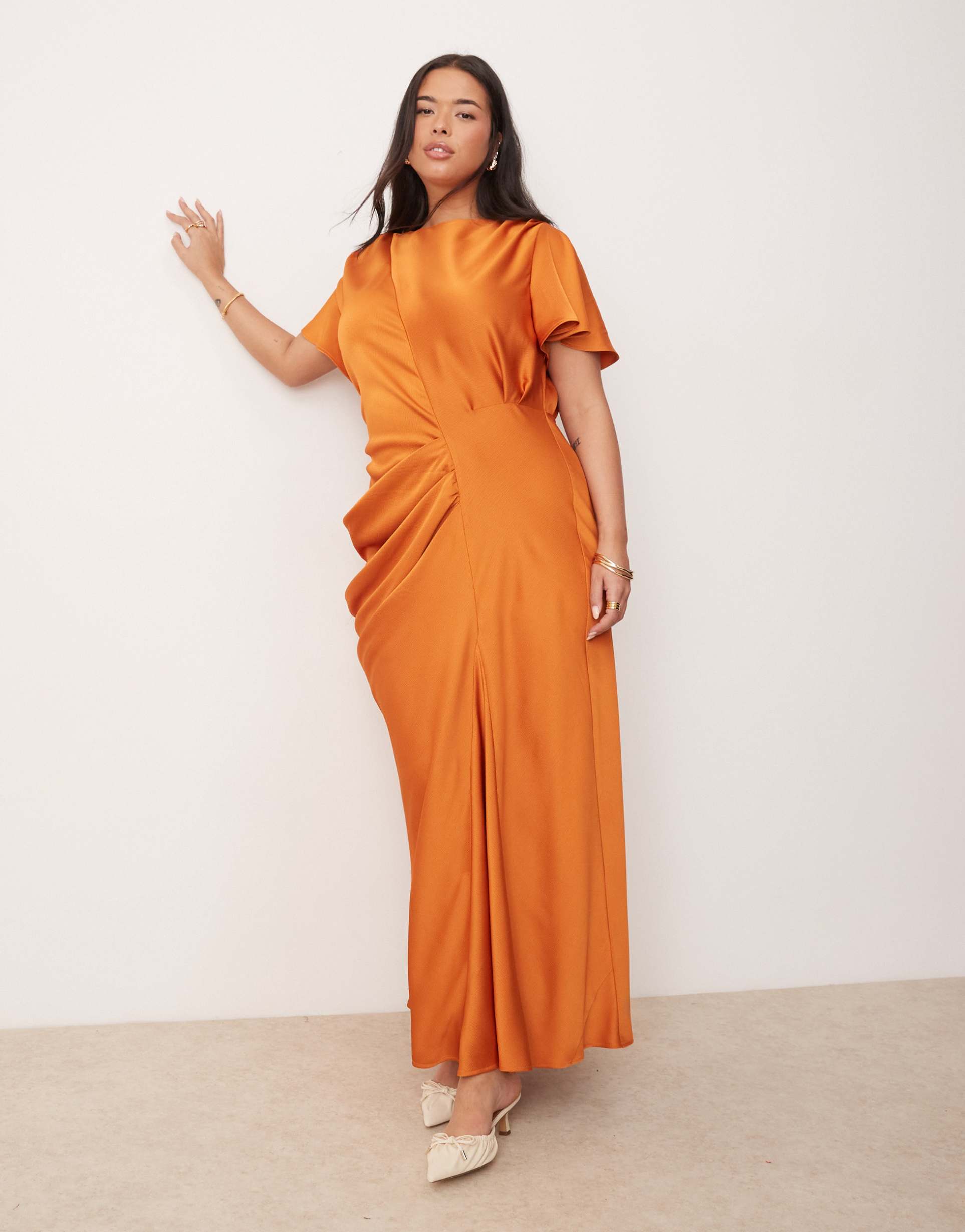 asos design curve satin flutter sleeve maxi dress in rust