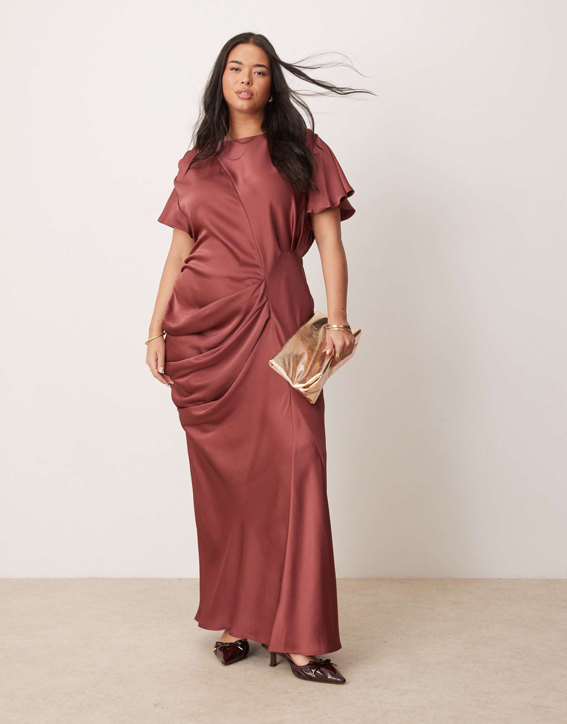 asos design curve satin flutter sleeve maxi dress in washed burgundy