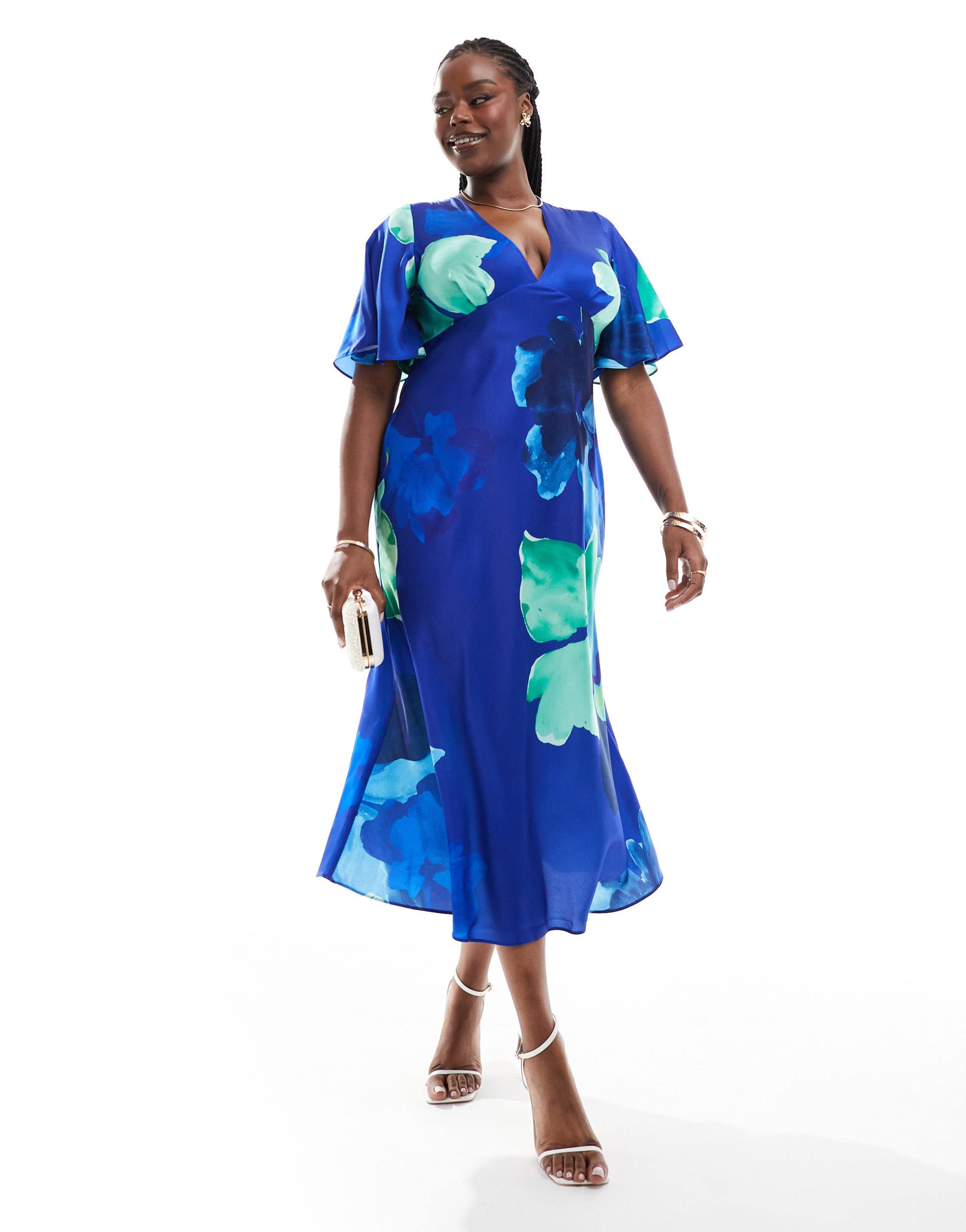 asos design curve satin flutter sleeve midi dress in blue floral print