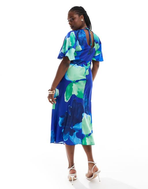 ASOS DESIGN Curve satin flutter sleeve midi dress in blue floral print ASOS