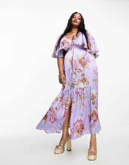 ASOS DESIGN Curve satin flutter sleeve v neck maxi dress with tier hem in lilac paisley print ASOS