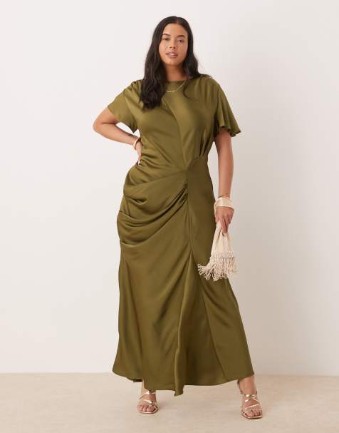 ASOS DESIGN Curve satin flutter sleeves maxi dress in olive - view 1