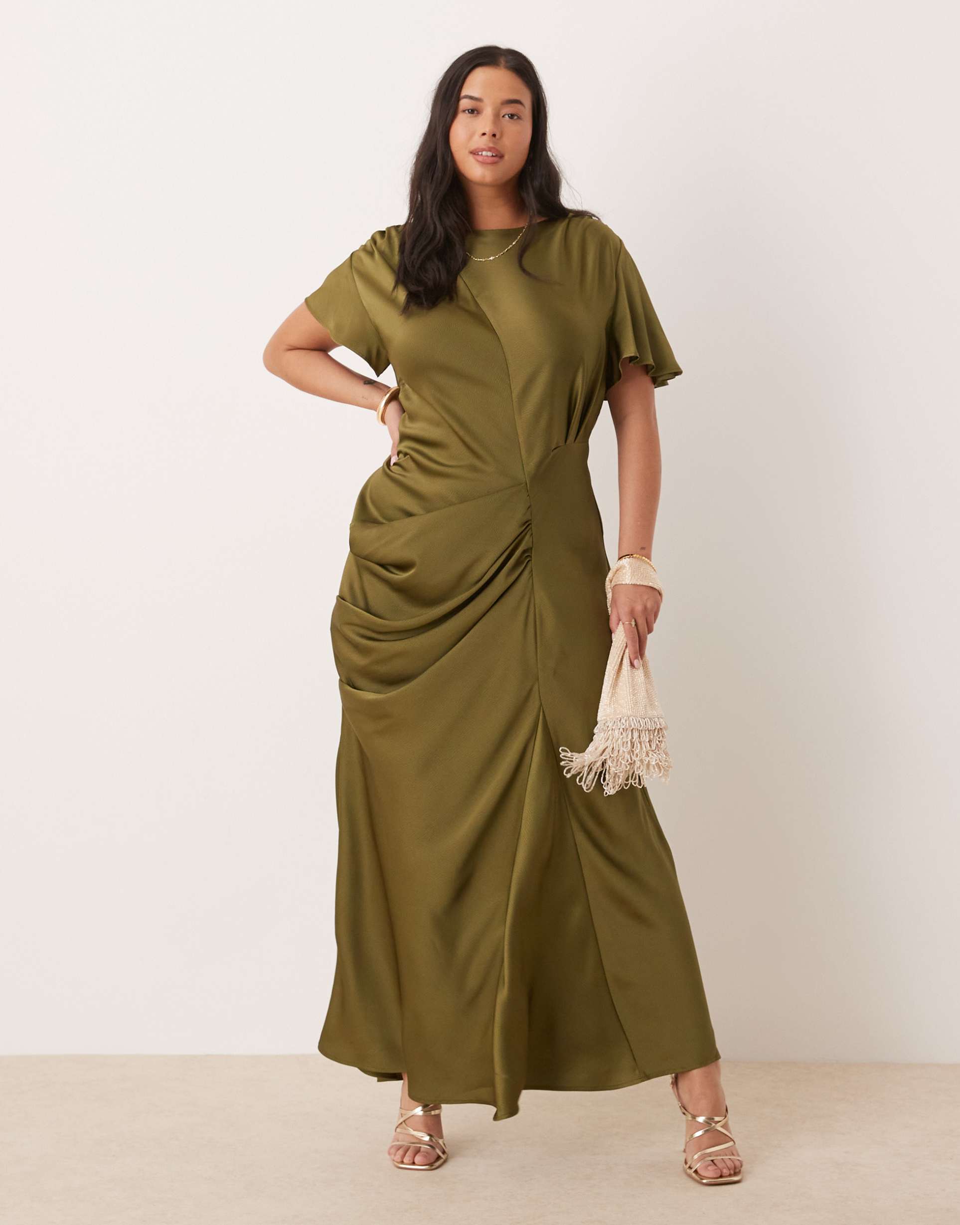 asos design curve satin flutter sleeves maxi dress in olive
