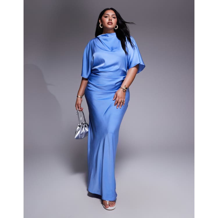 asos design satin twist bodice maxi dress with blouson sleeves ASOS DESIGN Curve satin high neck blouson maxi dress with flutter sleeve in  blue
