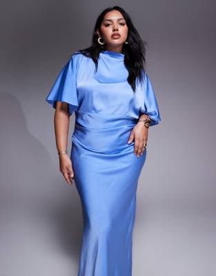 Asos Curve Asos Design Curve Satin High Neck Blouson Maxi Dress With Flutter Sleeve In Blue
