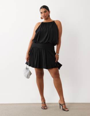 Asos Curve Asos Design Curve Satin High Neck Drop Waist Flippy Mini Dress In Black