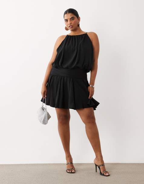 ASOS DESIGN Curve satin high neck drop waist flippy mini dress in black - view 1