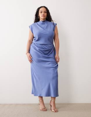 Asos Curve Asos Design Curve Satin High Neck Pleated Bodice Midi Dress In Blue