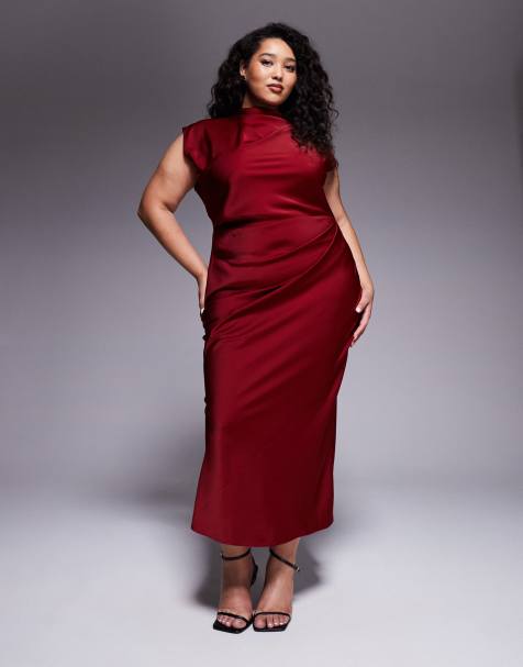 ASOS DESIGN Curve satin high neck pleated bodice midi dress in burgundy - view 1