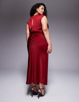 Asos Curve Asos Design Curve Satin High Neck Pleated Bodice Midi Dress In Burgundy