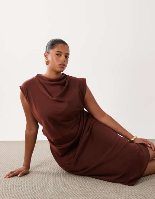 ASOS DESIGN Curve satin high neck pleated bodice midi dress in chocolate, 2 of 4