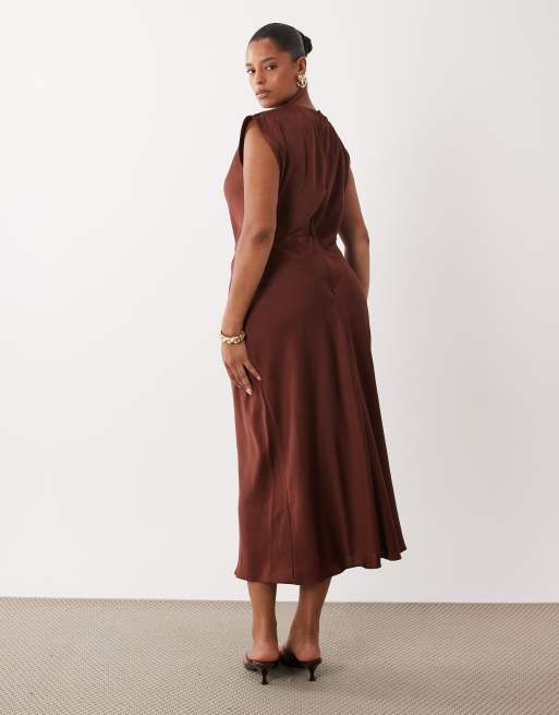 ASOS DESIGN Curve satin high neck pleated bodice midi dress in chocolate, 3 of 4