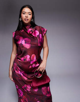 Asos Curve Asos Design Curve Satin High Neck Pleated Bodice Midi Dress