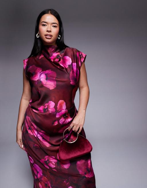 ASOS DESIGN Curve satin high neck pleated bodice midi dress in dark pink floral print